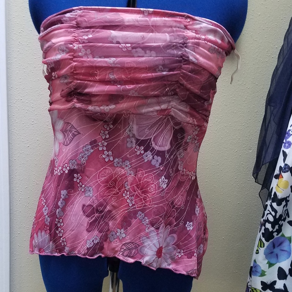 Pink floral irregular bottom strapless top